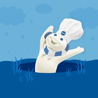 The Pillsbury Doughboy wearing a scarf and earmuffs, popping out of a hole in the ground in celebration of Groundhog Day