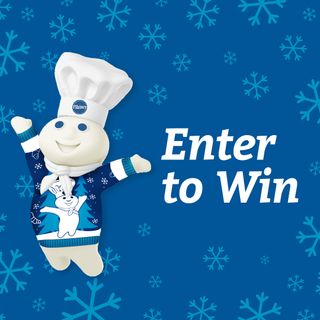 The Pillsbury Doughboy wearing an ugly Christmas sweater, standing next to the words 'Enter to Win' for a contest to win a sweater