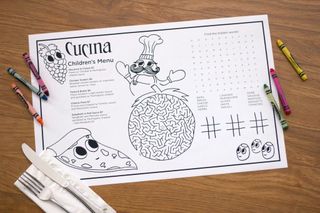A children's menu for the Cucina restaurant. The menu has games such as a maze, word search, and tic tac toe, and features cute cartoon characters.