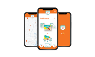 A row of 3 phones with a re-designed Pampers app open on them. The first phone has a map which shows changing table locations. The second phone shows a search page for finding Pampers products. The third phone shows a loading screen.